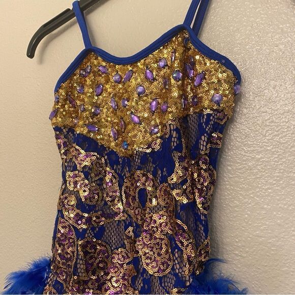 Glamour dance costume solo gold sequin blue feather sassy salsa jazz XLC child - Picture 4 of 11